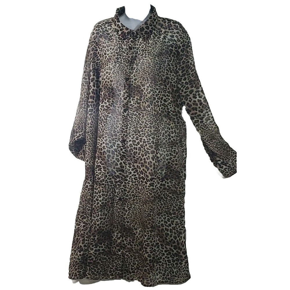 Seagoo 3X Sheer Leopard Print Long Sleeve Button Down Coverup Beachy Shirt Dress